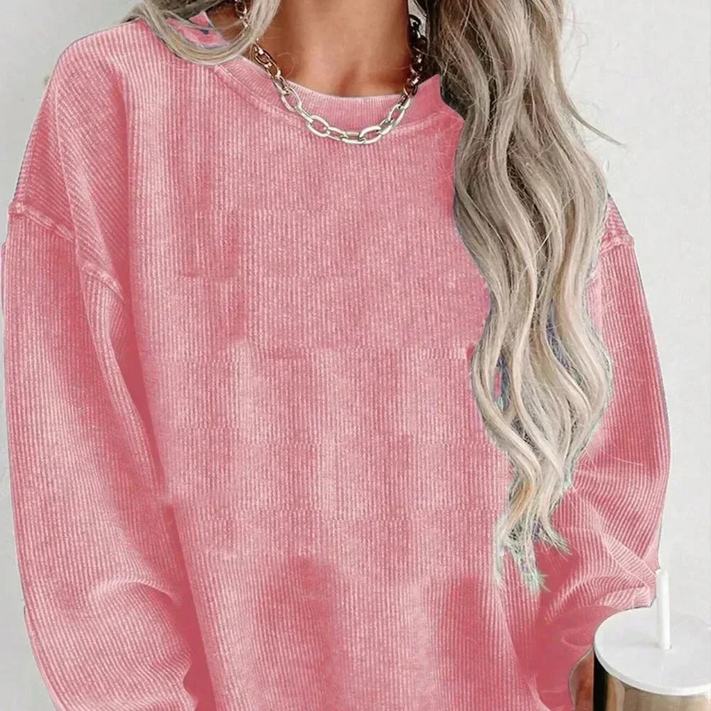 Pink Casual Women's Minimalist Crew Neck Long Sleeve Sweatshirt